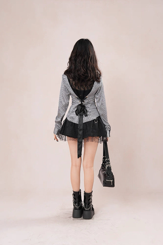 ’Sweet Entwine' Lace Patchwork Bow-Tie Blouse & Mini Skirt Set AlielNosirrah