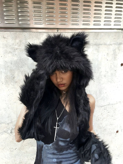 'Black Cat' Y2k Fluffy Cat Hat & Scarf AlielNosirrah