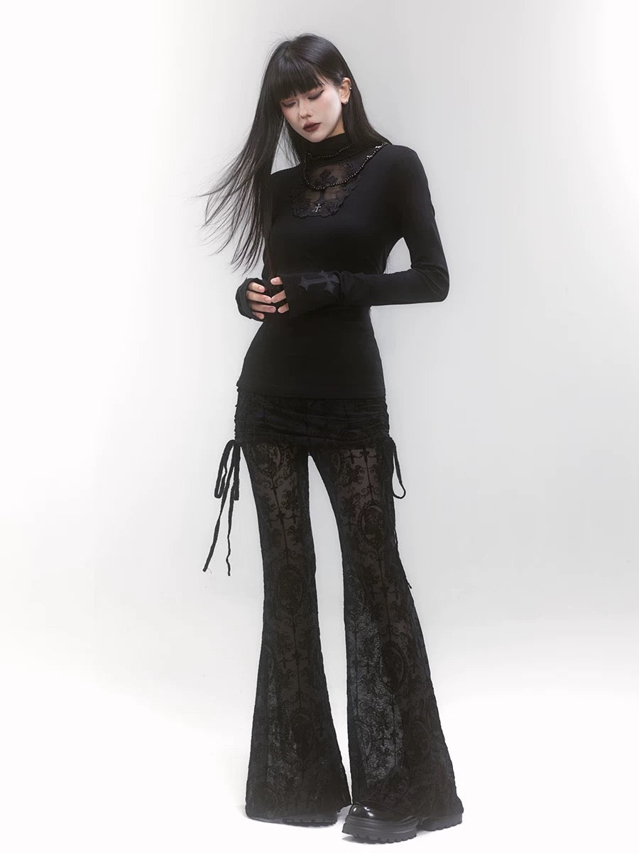 'Phantom Rose' Goth Lace Dark Drawstrig Flare Pants (Copy) (Copy) AlielNosirrah