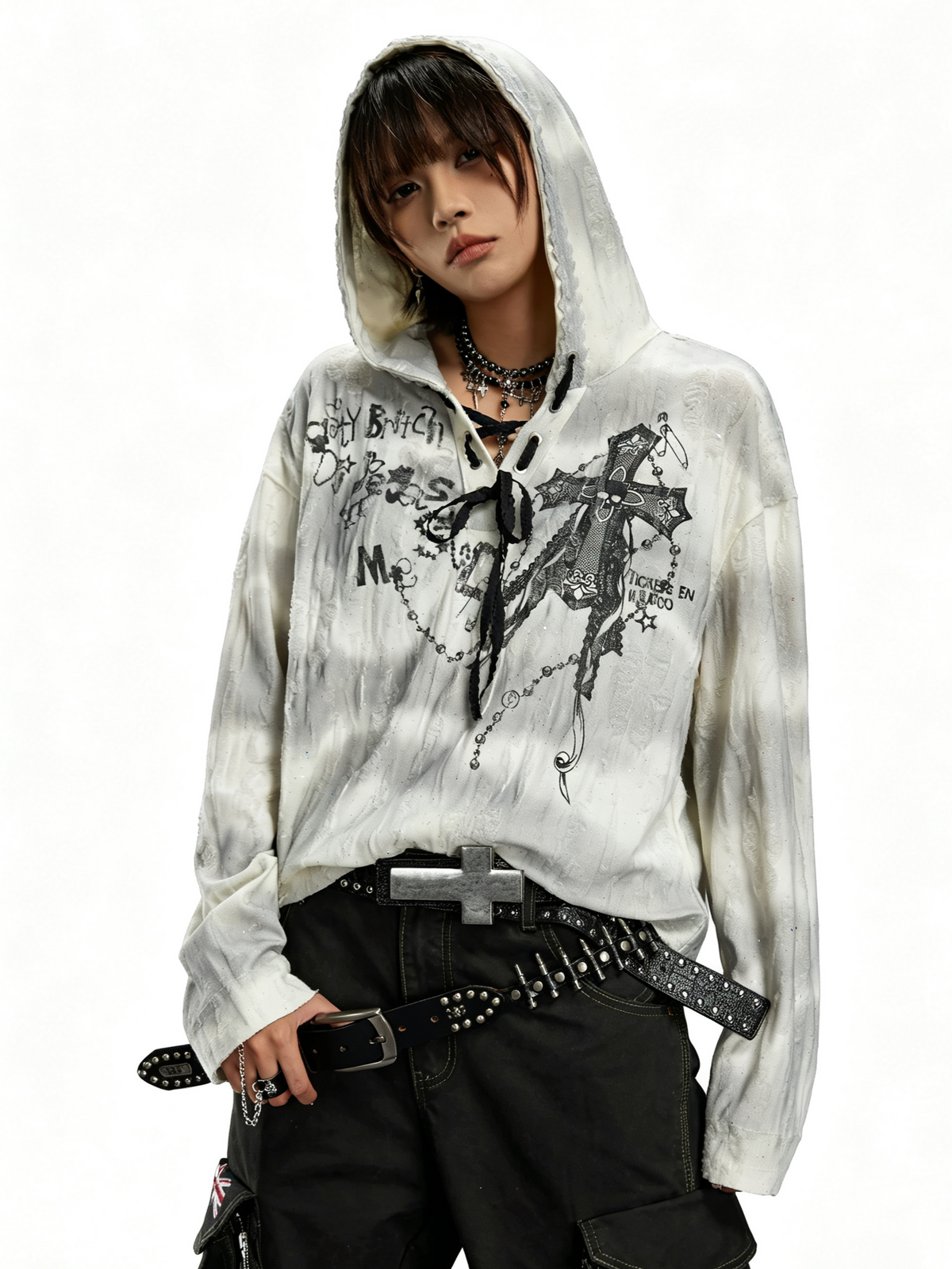'Sequin Faith' Streetwear Sequin Tie-Dye Cross Print Hoodie