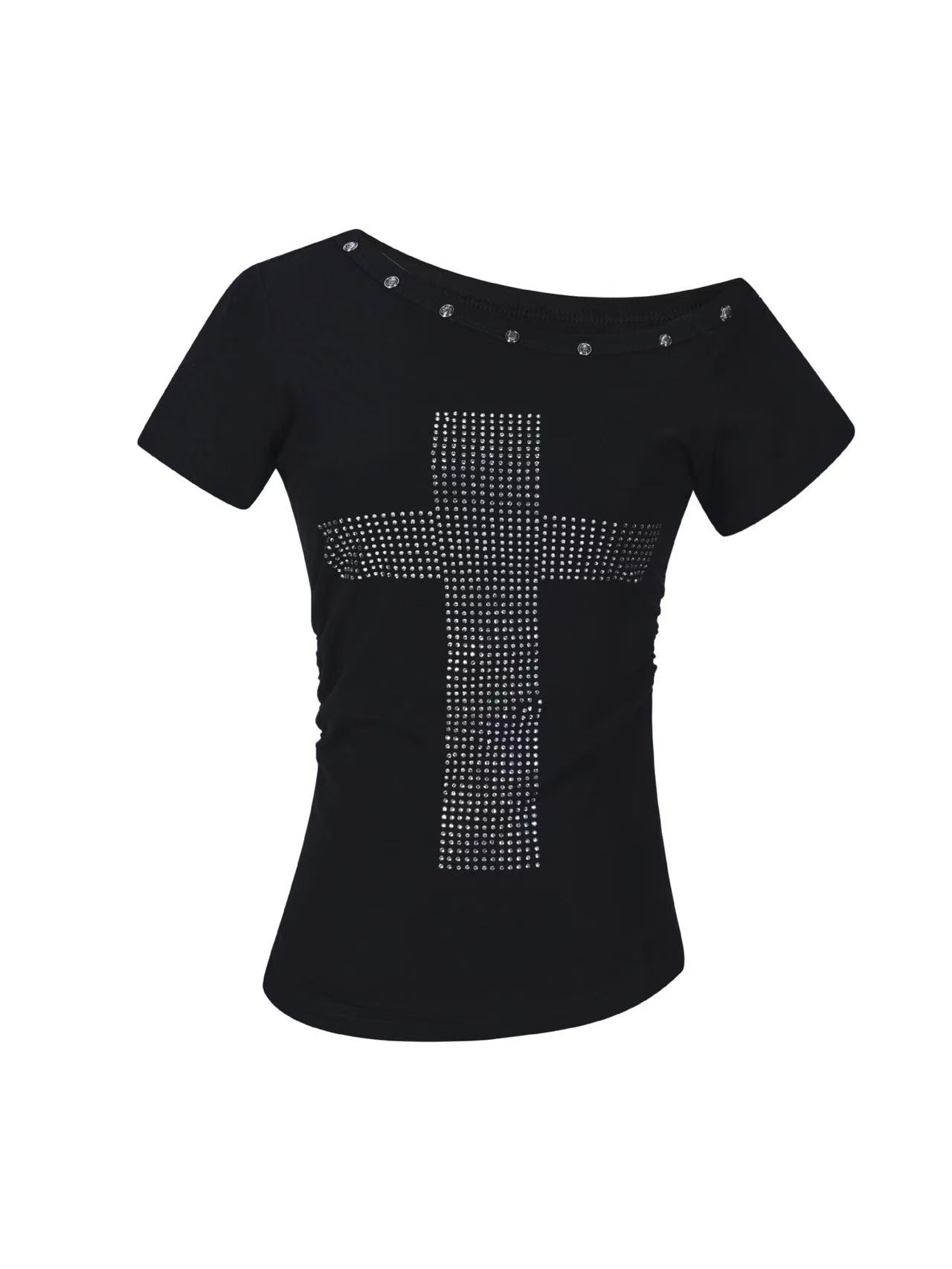 'Night Prayer' Retro Cross Rhinestone Asymmetrical Shoulder Tee (Copy) AlielNosirrah