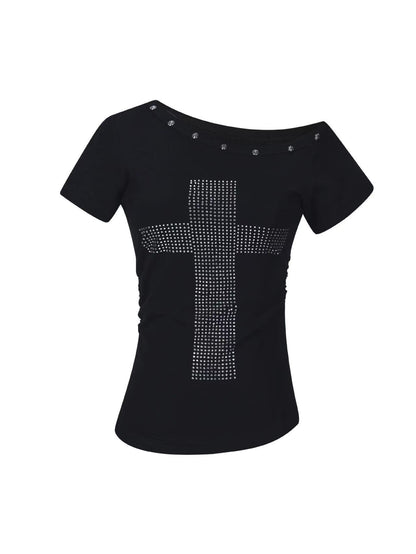 'Night Prayer' Retro Cross Rhinestone Asymmetrical Shoulder Tee (Copy) AlielNosirrah