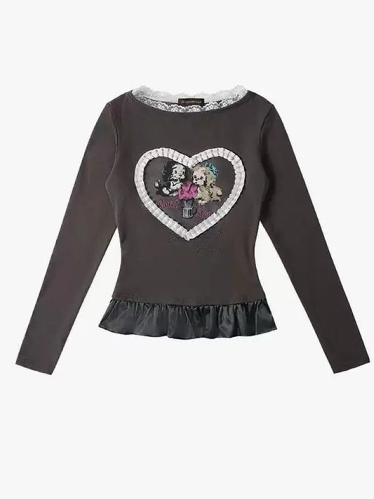 'Sweet Project' Coquette Spring Dog Prints Long Sleeve  Shirts AlielNosirrah