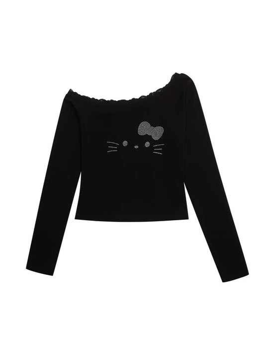 'Kitty Love' Kitty Sparkle Rhinestone Off-Shoulder Asymmetrical Top (Copy) AlielNosirrah