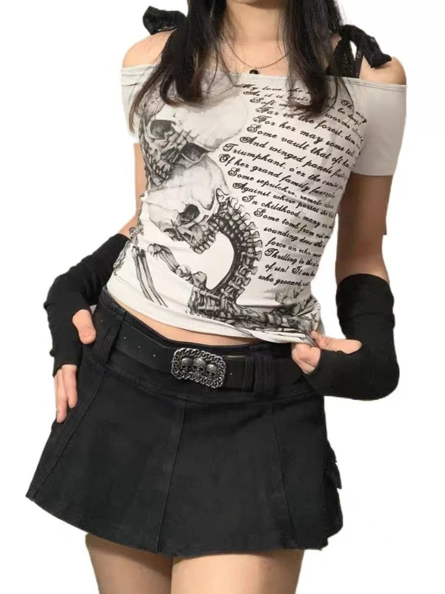 'Millennium Ghost' Y2K Alt Skull Print Lace Tie Short Sleeve T-Shirt
