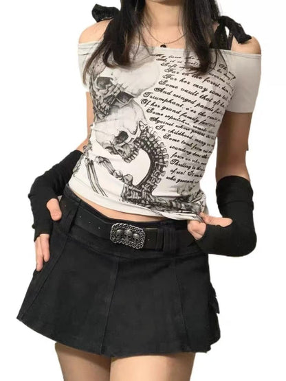 'Millennium Ghost' Y2K Alt Skull Print Lace Tie Short Sleeve T-Shirt