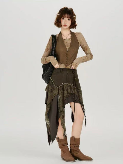 'WasteAsym' Wasteland Style Irregular Denim Midi Skirt