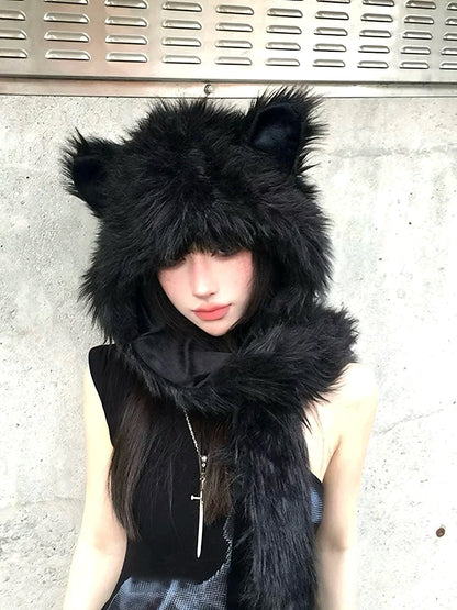 'Black Cat' Y2k Fluffy Cat Hat & Scarf AlielNosirrah