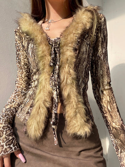 ’Wild Nature' Fluffy Y2k Leopard Print Fall Shirts AlielNosirrah