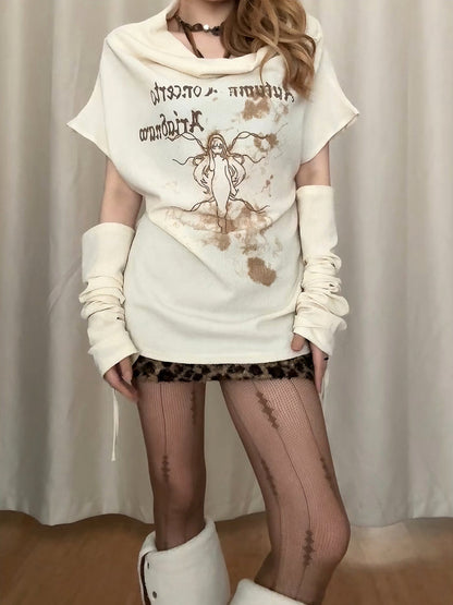 'Lucid Dream' Grunge Y2k "Autumn Gothic Print Draped Neck Black Tee AlielNosirrah