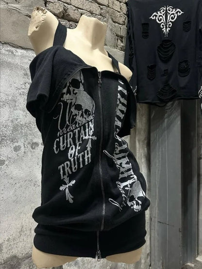 'Skull Knite' Alt Grunge Cotton Off-Shoulder Skull Shirts AlielNosirrah