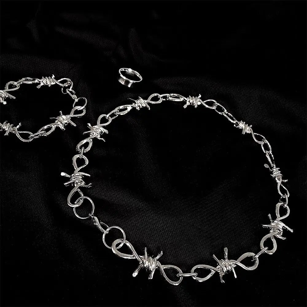 'Bramble' Punk Thorns Silver Metal Necklace Bracelet Set AlielNosirrah