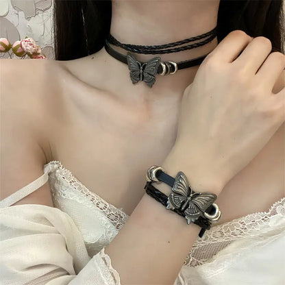 'Butterfly Effect' Dark Leather Butterfly Choker Necklace Set AlielNosirrah