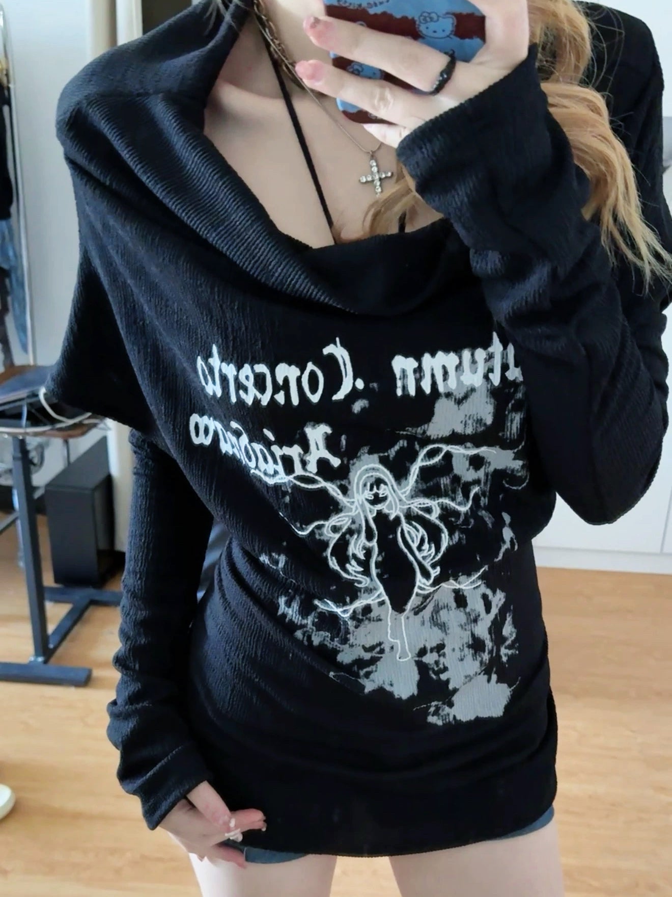 'Lucid Dream' Grunge Y2k "Autumn Gothic Print Draped Neck Black Tee AlielNosirrah