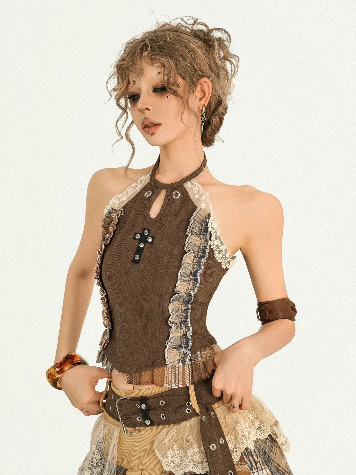 ’Autumn Reverie' Gothic Punk Lace Patchwork Corset Top & Pleated Skirt Set AlielNosirrah