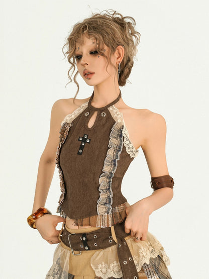 ’Autumn Reverie' Gothic Punk Lace Patchwork Corset Top & Pleated Skirt Set AlielNosirrah