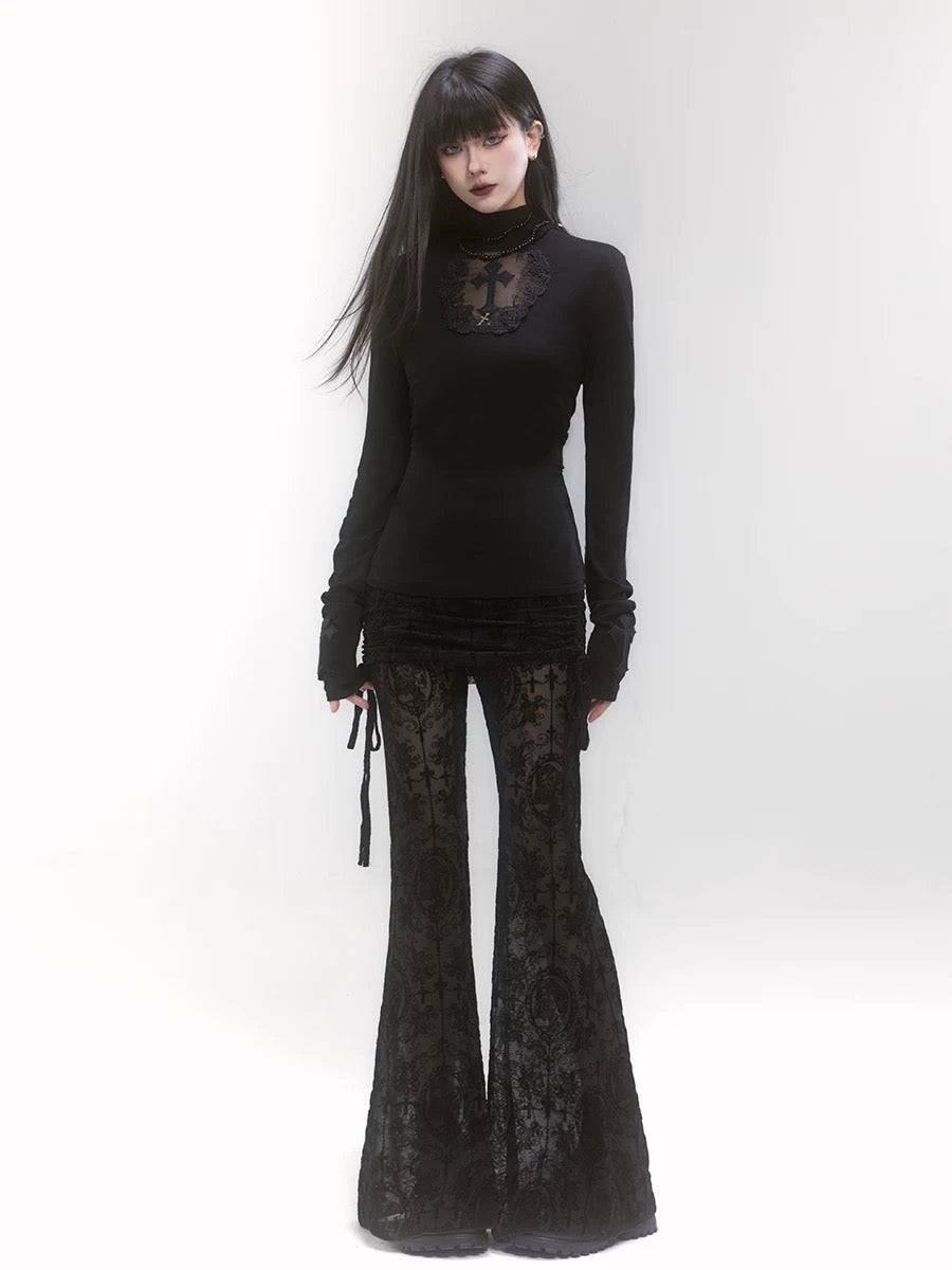 'Phantom Rose' Goth Lace Dark Drawstrig Flare Pants (Copy) (Copy) AlielNosirrah