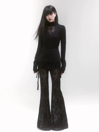 'Phantom Rose' Goth Lace Dark Drawstrig Flare Pants (Copy) (Copy) AlielNosirrah