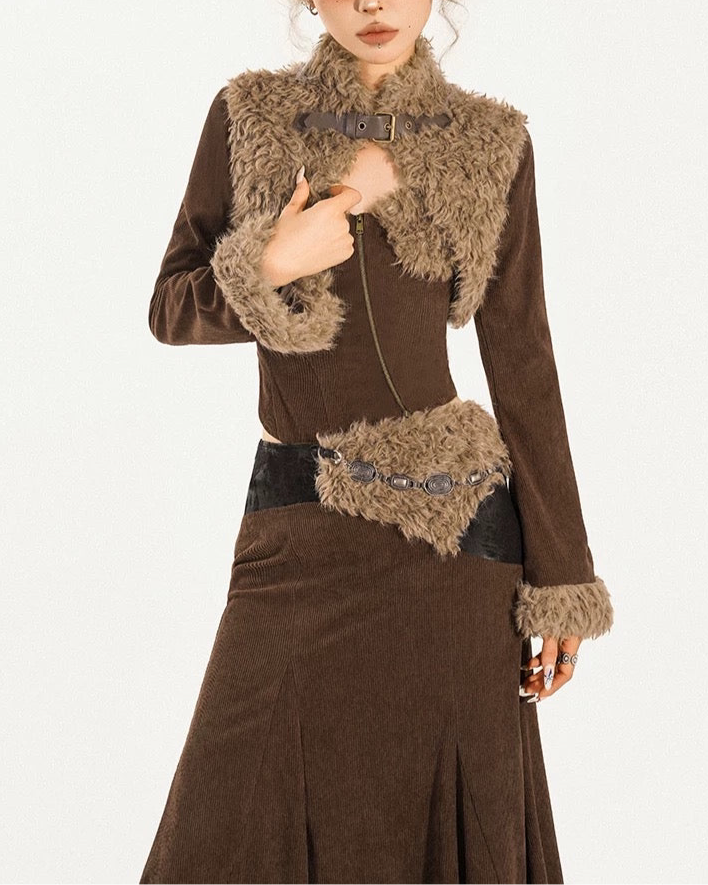 ’Autumn Reverie' Gothic Punk Lace Patchwork Corset Top & Pleated Skirt Set AlielNosirrah