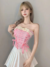 Load image into Gallery viewer, &#39;Cream Pudding&#39; Pink Lace-Up Bowtie Tube Top AlielNosirrah
