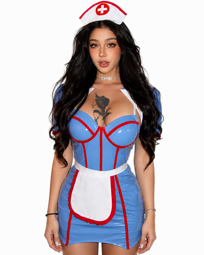 'Miss Nurse'Sexy  Blue & Red Contrast 3 pcs Halloween Nurse Costume