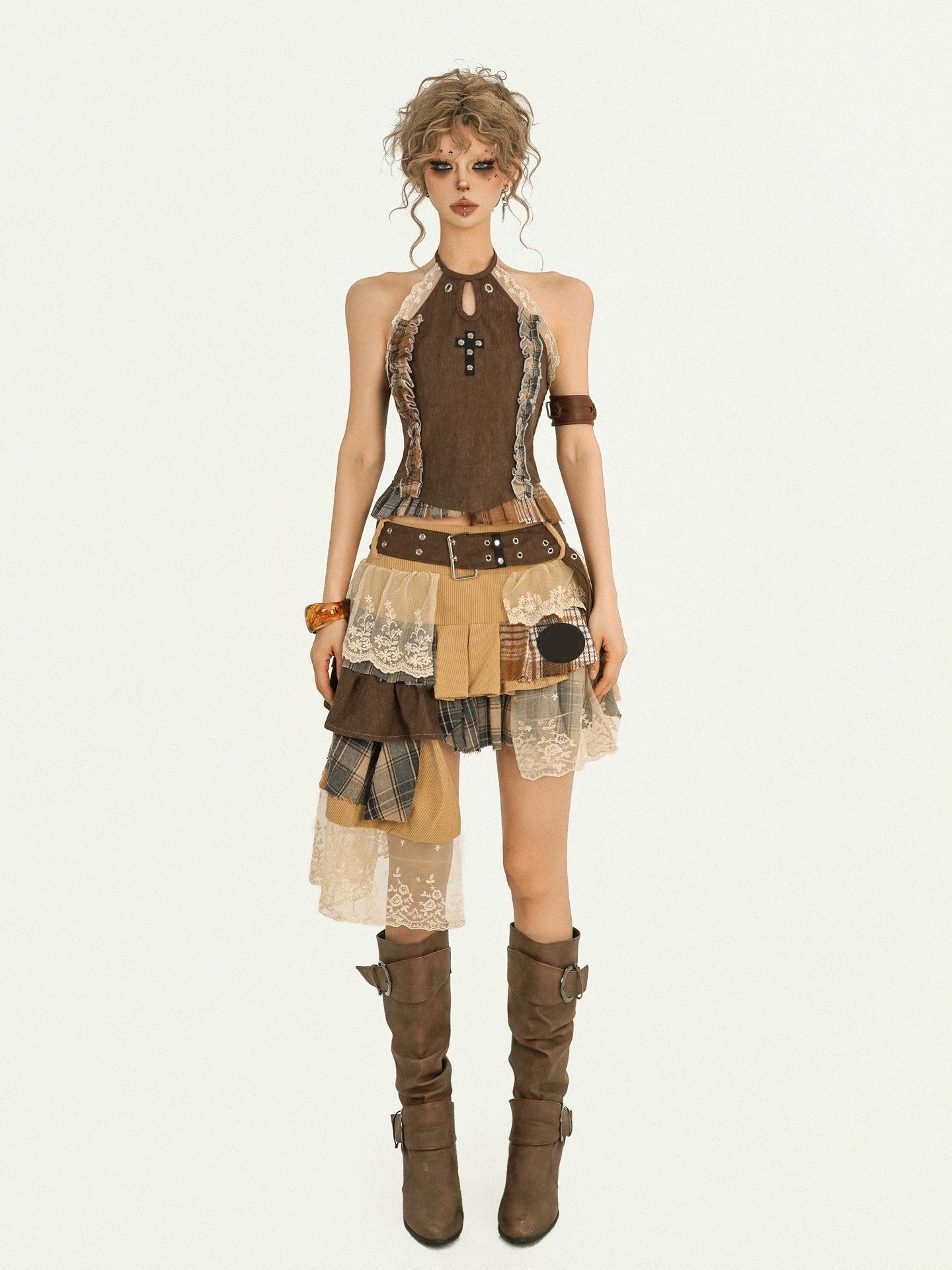 ’Autumn Reverie' Gothic Punk Lace Patchwork Corset Top & Pleated Skirt Set AlielNosirrah