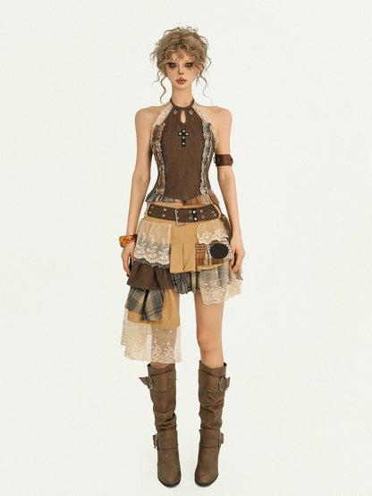 ’Autumn Reverie' Gothic Punk Lace Patchwork Corset Top & Pleated Skirt Set AlielNosirrah