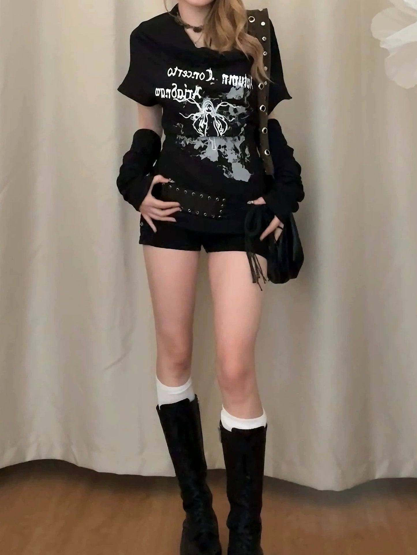 'Lucid Dream' Grunge Y2k "Autumn Gothic Print Draped Neck Black Tee AlielNosirrah