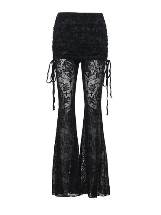 'Phantom Rose' Goth Lace Dark Drawstrig Flare Pants (Copy) (Copy) AlielNosirrah