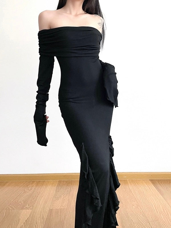 'Flower' Dark Black Chiffon Tassel Strap Dress AlielNosirrah