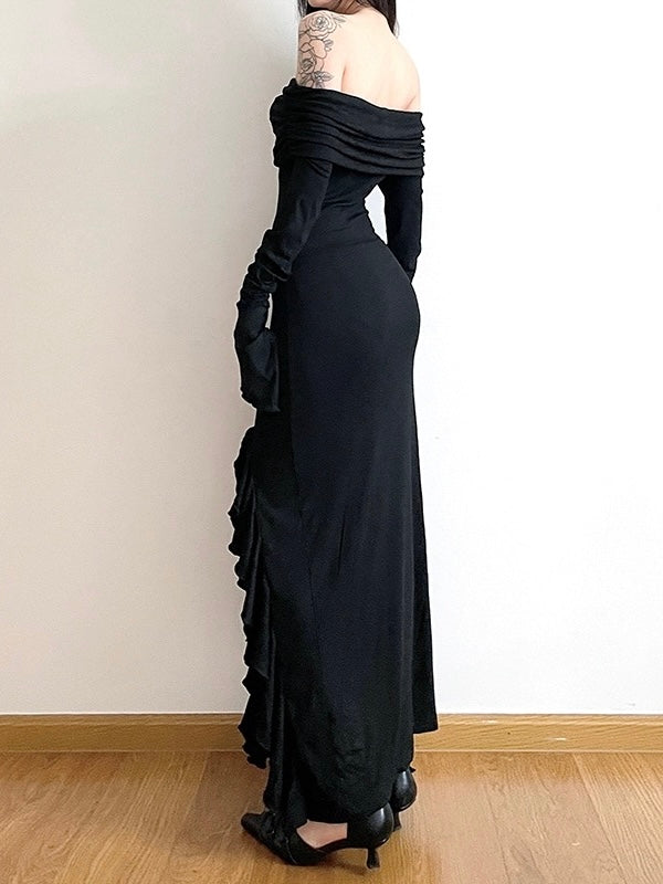 'Flower' Dark Black Chiffon Tassel Strap Dress AlielNosirrah