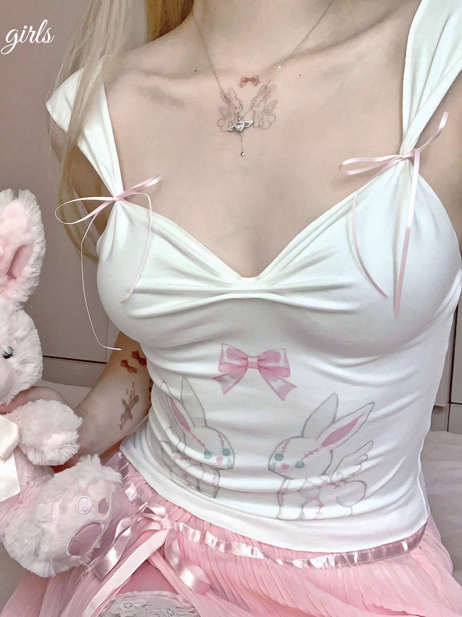 'Girly' Coquette Ribbon Pink Bunny Cami Top AlielNosirrah