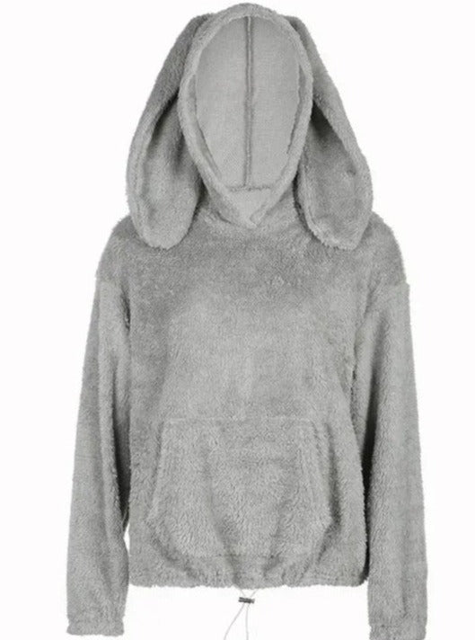 'Lazy Rabbit' Solid Color Hooded Rabbit Ears Polar Fleece Loose Sweatshirt AlielNosirrah