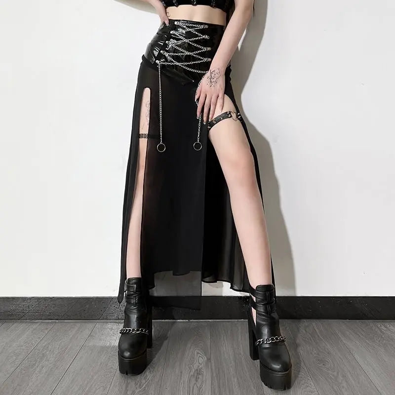 'Leap' Punk Metal Pu Leather Patchwork Midi Dress AlielNosirrah