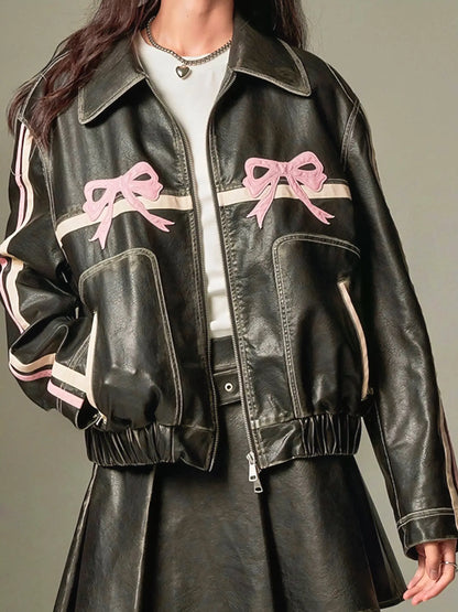 'Motor Girl' RIbbon Pattern Bike PU Coquette Leather Jacket AlielNosirrah