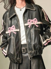 Load image into Gallery viewer, &#39;Motor Girl&#39; RIbbon Pattern Bike PU Coquette Leather Jacket AlielNosirrah
