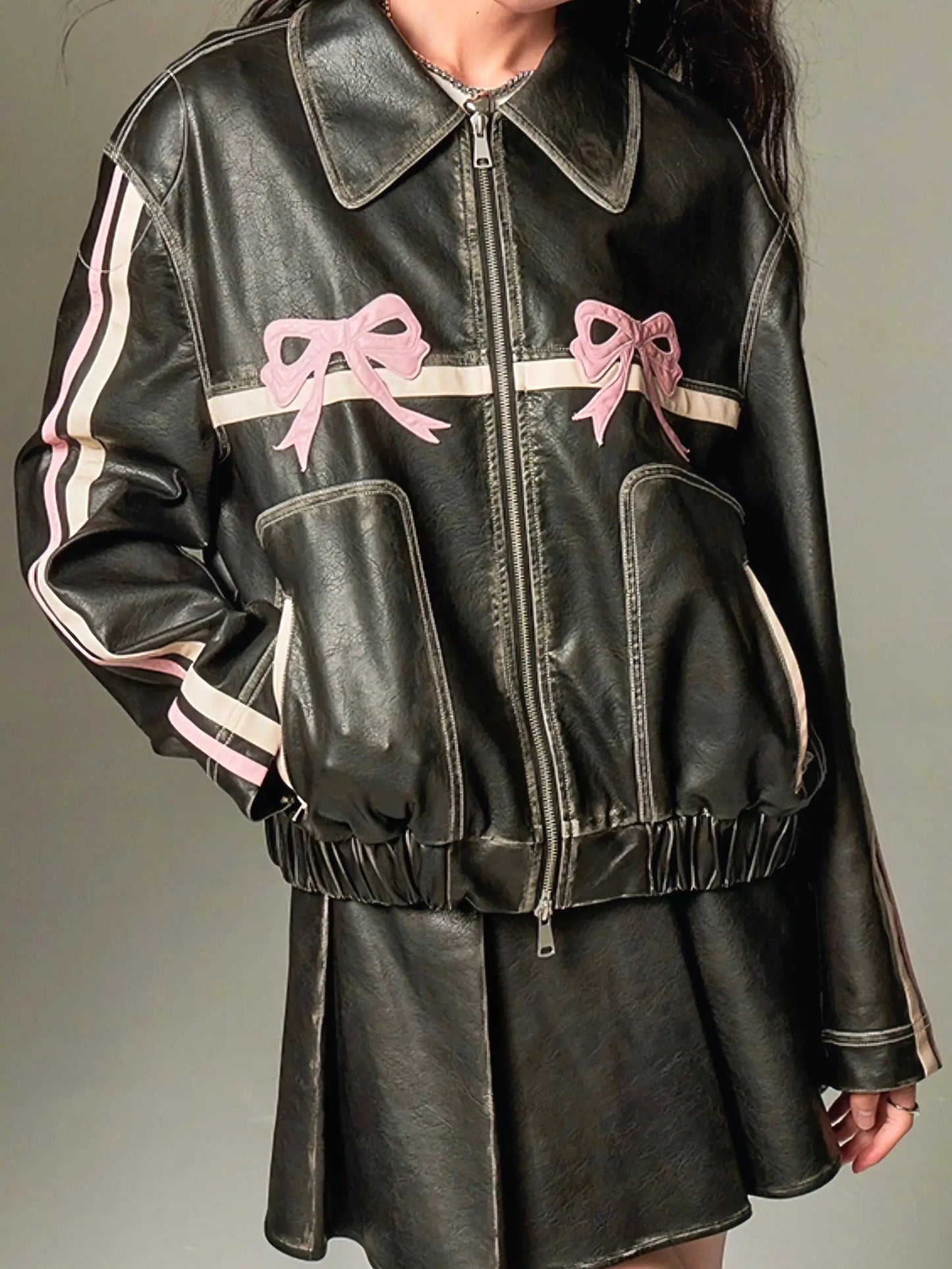 'Motor Girl' RIbbon Pattern Bike PU Coquette Leather Jacket AlielNosirrah
