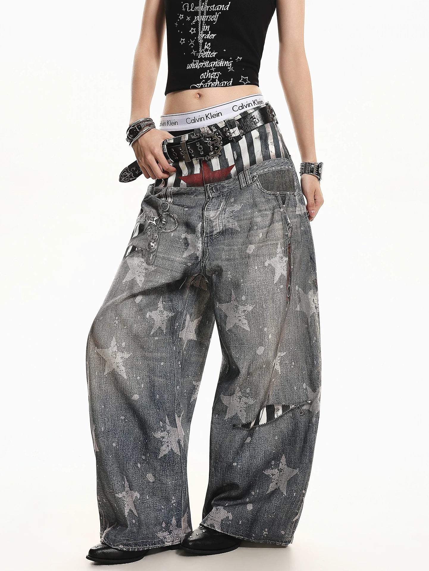 'Patchstar' Streetstyle Patchwork Graphic Wide-Leg Denim Jeans