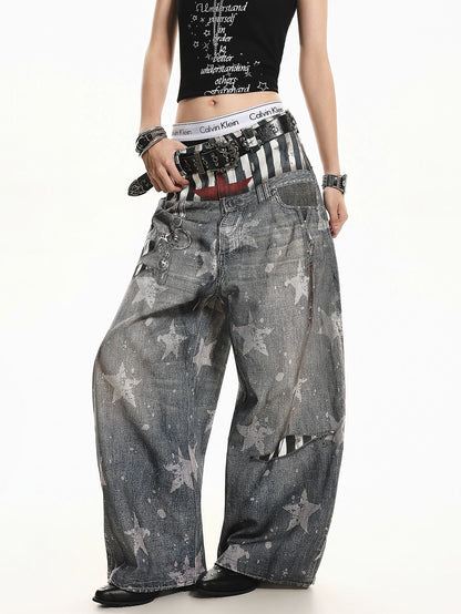 'Patchstar' Streetstyle Patchwork Graphic Wide-Leg Denim Jeans