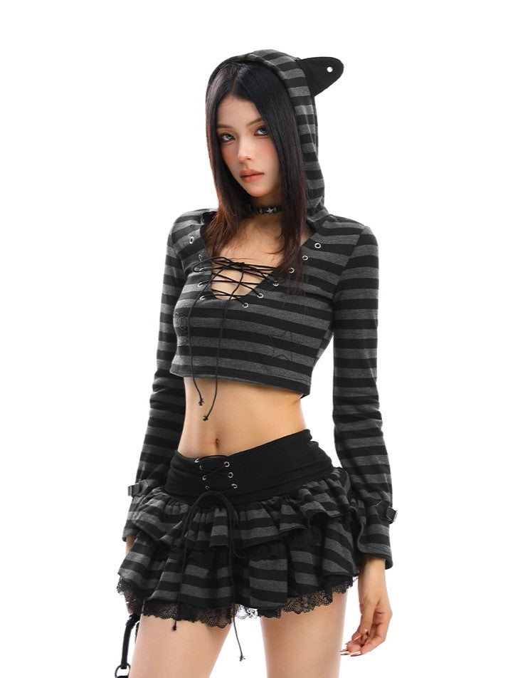 'Striped Cat' Lace-Up Cat Ear Hoodie & High-Waist Lace Layered Skirt Set AlielNosirrah