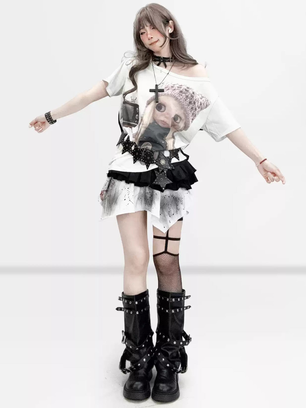 'Doll Pop' Retro Cartoon Print Y2K Asymmetrical Shoulder Tee AlielNosirrah