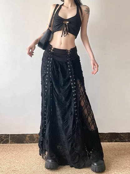 'Whisper' Lace & Mesh Panel High-Waist Midi Skirt AlielNosirrah