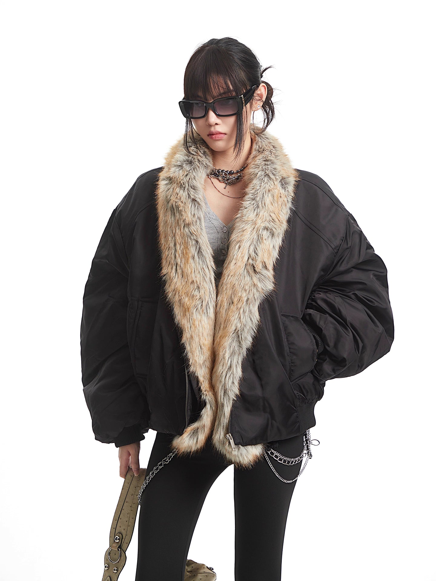 'Nightfall' Fur-Lined Black Aviator Puffer Jacket AlielNosirrah