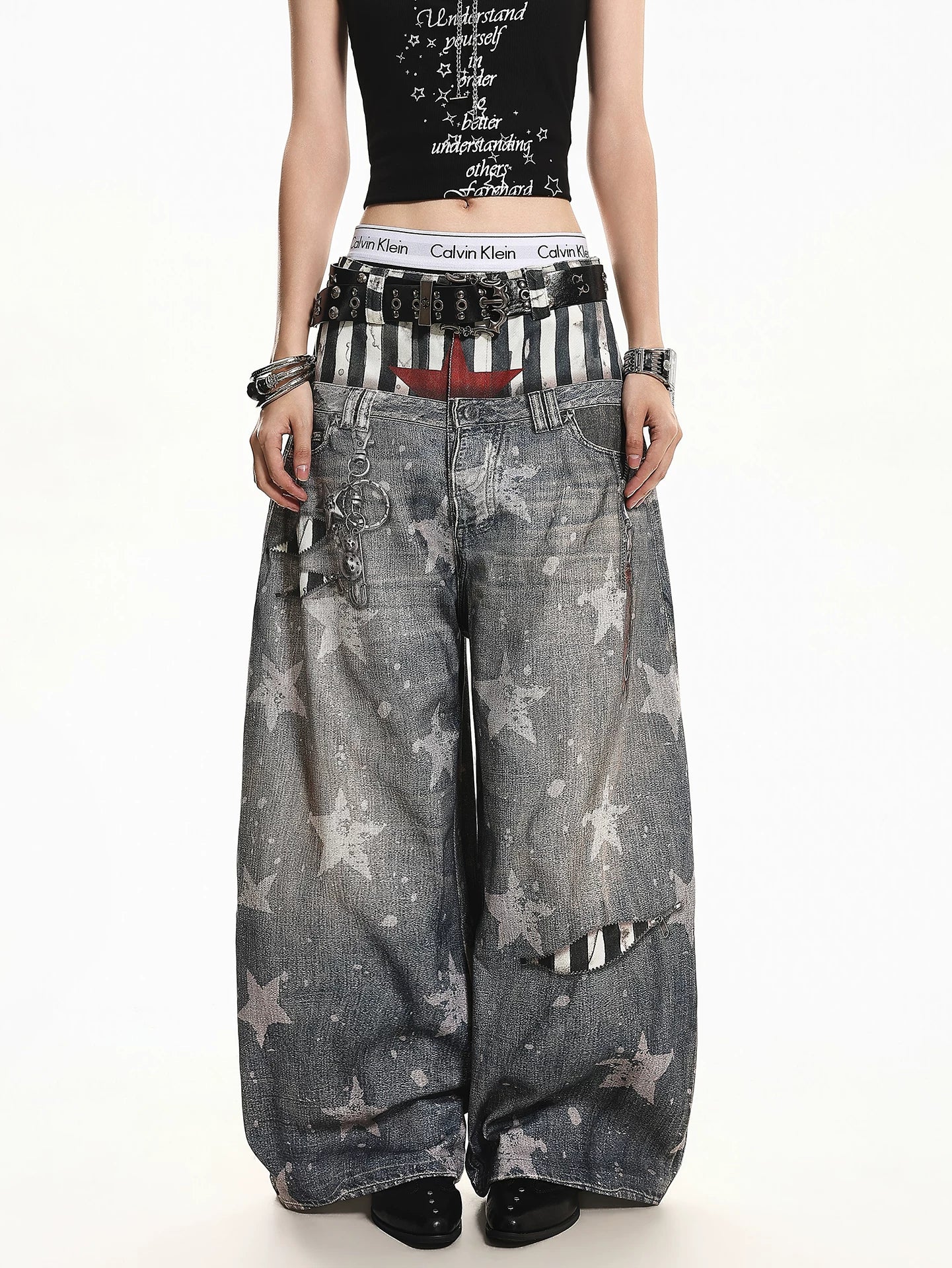 'Patchstar' Streetstyle Patchwork Graphic Wide-Leg Denim Jeans