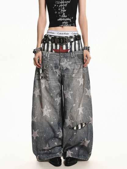 'Patchstar' Streetstyle Patchwork Graphic Wide-Leg Denim Jeans