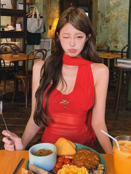 'Dazzling Summer' Mesh Halter Scarf Tube Built-In Padding Top AlielNosirrah