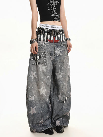 'Patchstar' Streetstyle Patchwork Graphic Wide-Leg Denim Jeans