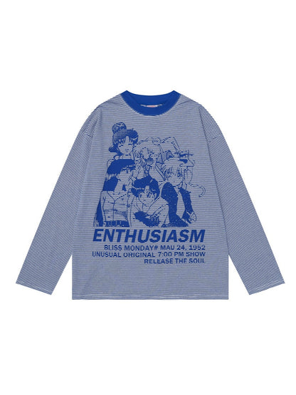 'Cartoon Otaku' Vintage Anime Character Printed Striped Long-Sleeve Top AlielNosirrah