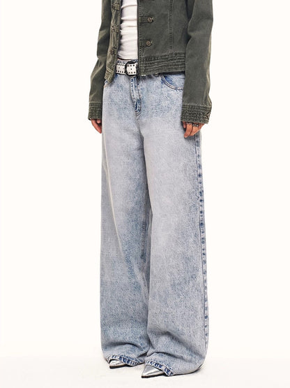 'Faded Wing' Retro Wing Graphic Print Gradient Washed Denim Pants