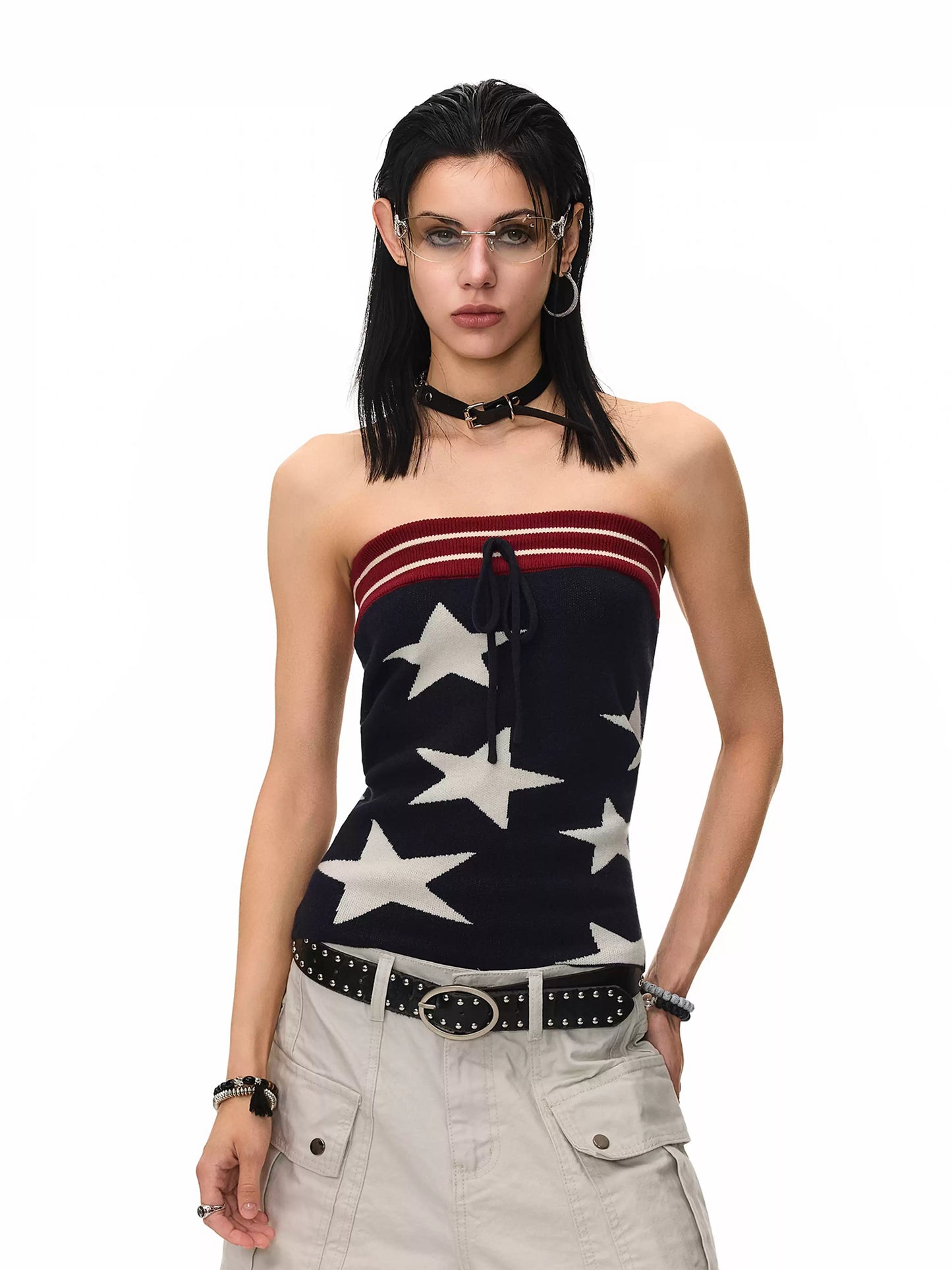 'Disco Star' Star Patchwork Knitted Striped Tube Top AlielNosirrah